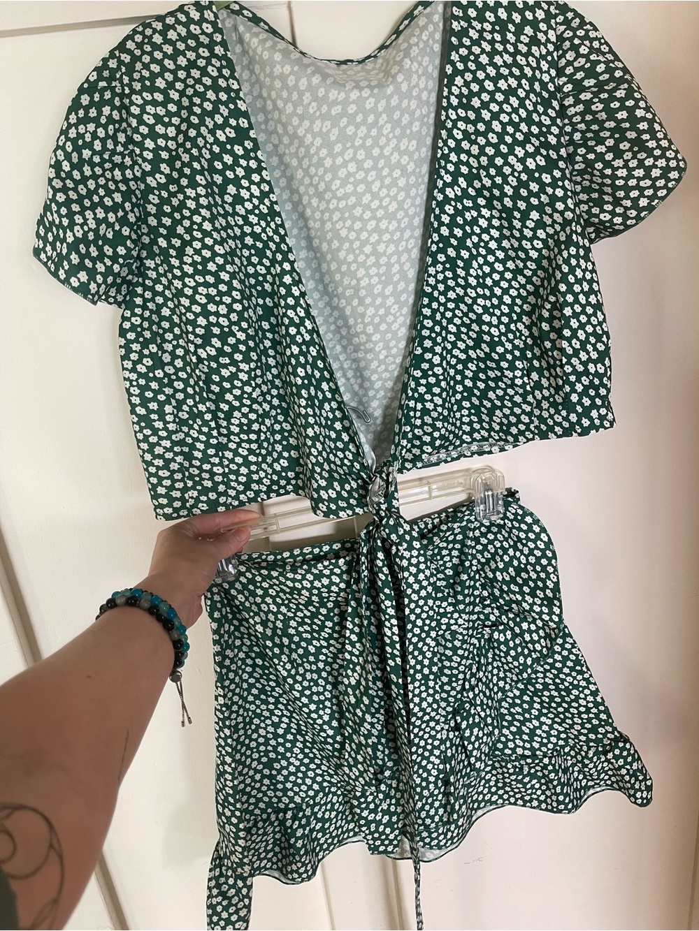 Green Floral Wrap Around Tie Two-Piece Set